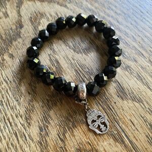 Thomas Sabo Black Obsidian Bracelet Stretch 17.5cm With Buddha 925 Silver Charm